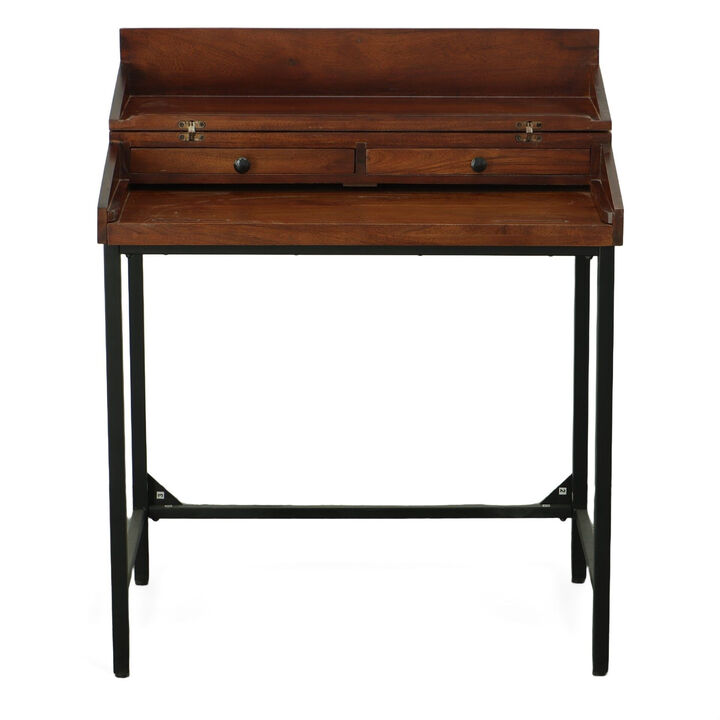 HomeRoots 31" Chestnut and Black Solid Wood and Iron Writing Desk With Two Drawers
