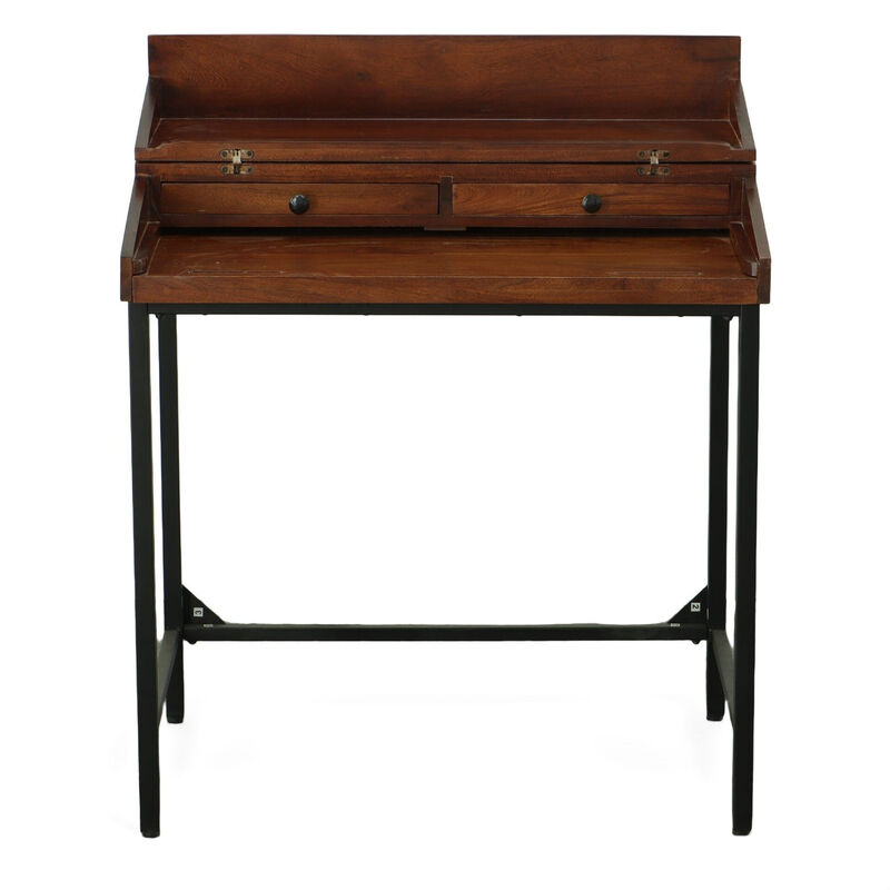 HomeRoots 31" Chestnut and Black Solid Wood and Iron Writing Desk With Two Drawers image number 0