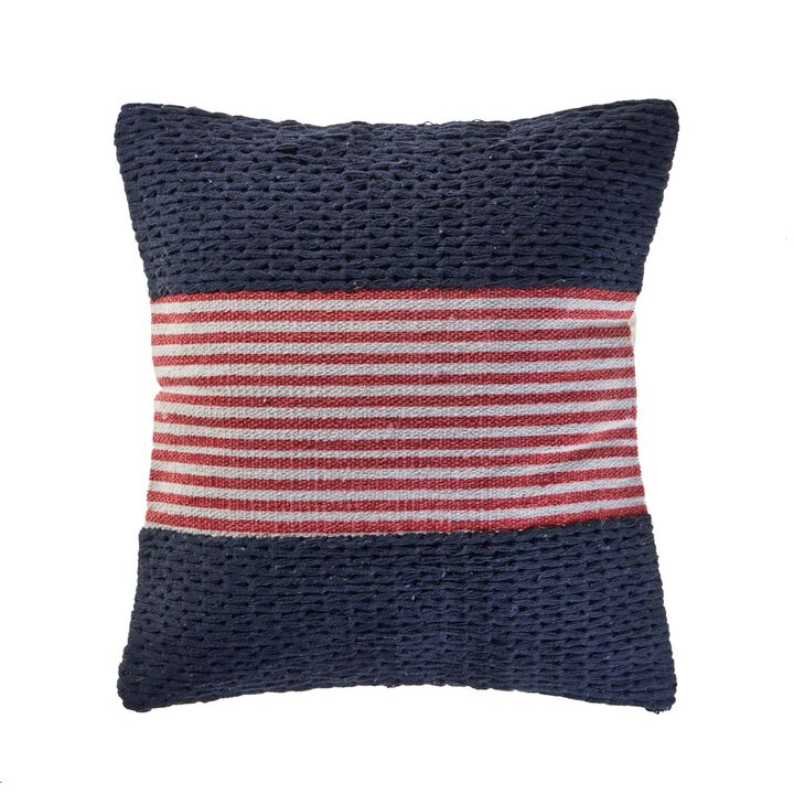 20" Navy Blue and Red Nautical Striped Square Throw Pillow