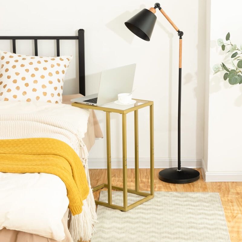 HOOBRO C Shaped End Table, Tempered Glass Snack Side Table with Metal Frame, TV Tray Table for Small Space, Sofa Couch and Bed,