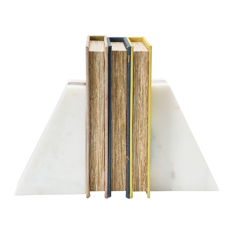 Marble Geometric Bookends with Wood Inlay, White image number 5