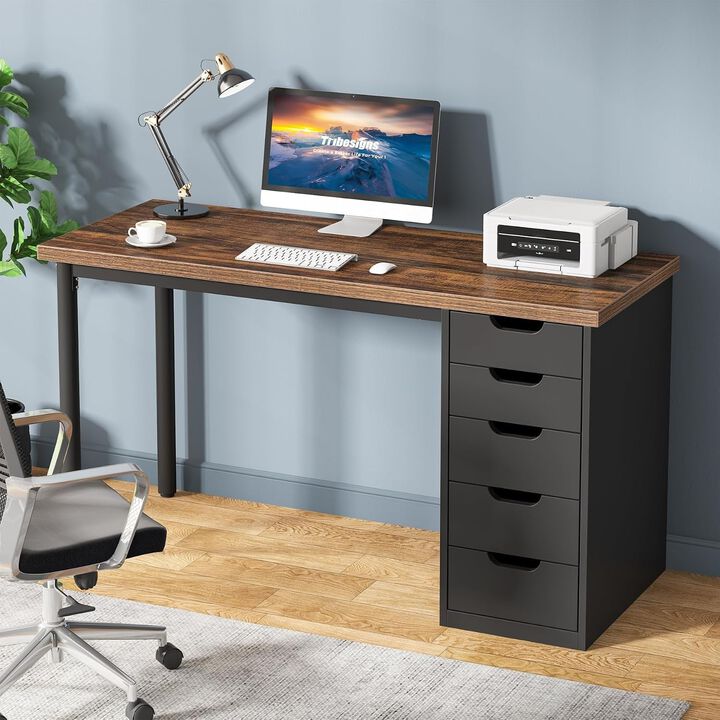 Tribesigns 53" Reversible L Shaped Desk with Drawers, Corner Computer Desk for Home Office, L Shaped Office Desk with 3 Drawers and 2 Shelves, Industrial Gaming Desk in Rustic Brown, 250 lb Capacity