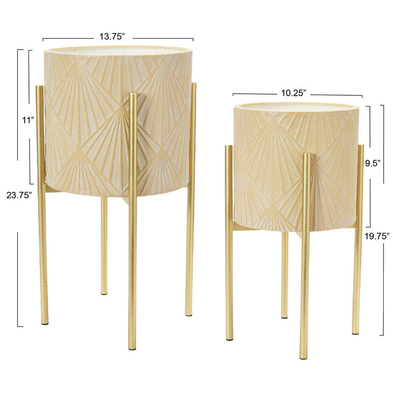 Modern Boho Embossed Metal Planters with Stands, Cream and Gold, Set of 2 image number 2