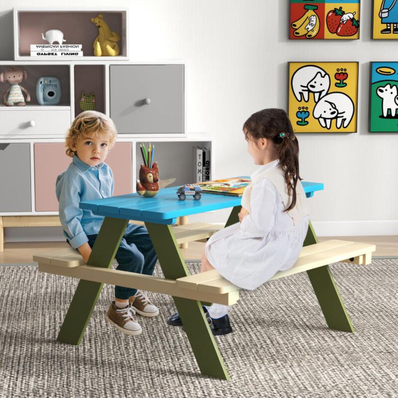 Hivvago Kids Wooden Picnic Table Set Toddler Activity and Dining Table with Built-in Benches