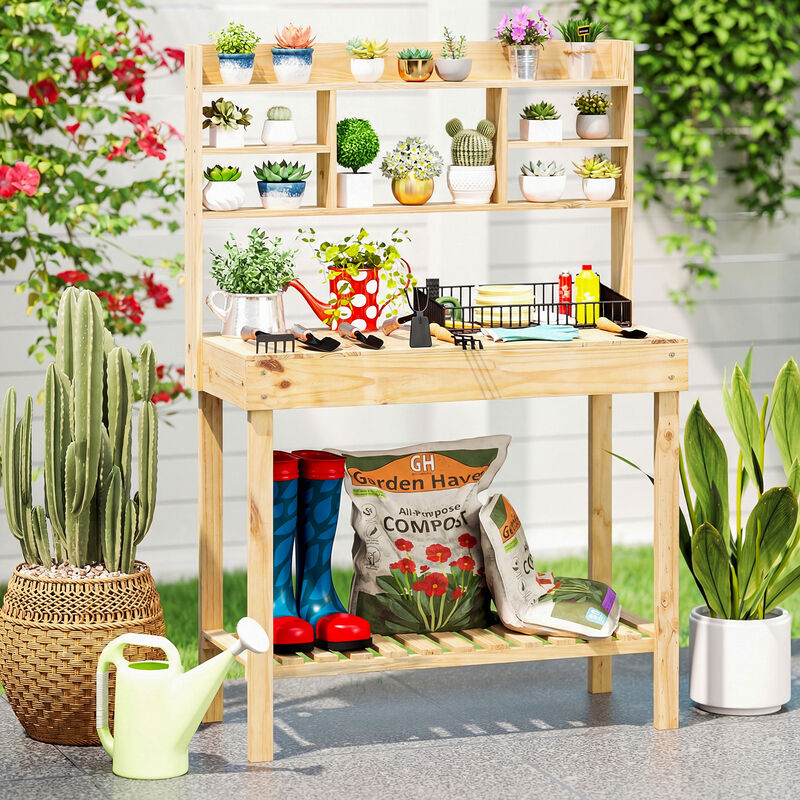 Garden Potting Bench Workstation with Wooden Table and 3-Tier Open Shelves image number 1