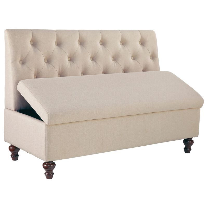53 Inches Button Tufted Fabric Storage Bench with Turned Legs, Beige - Benzara