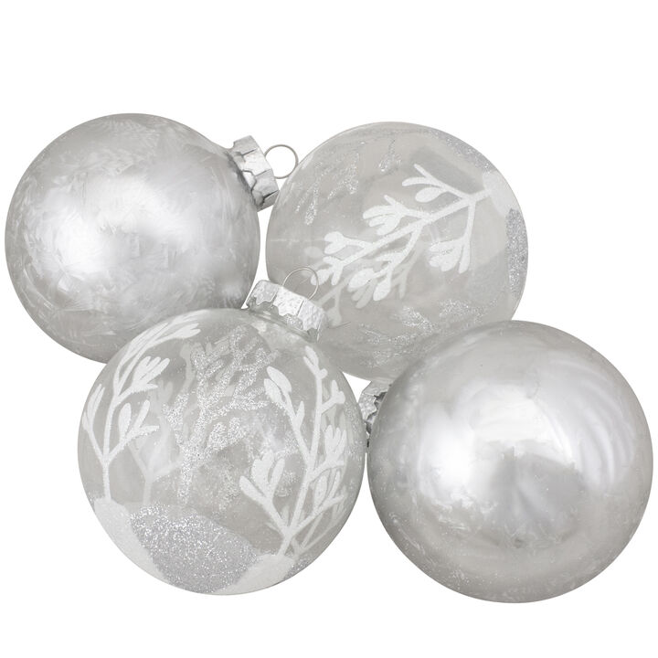 4ct Silver and Clear Glass 2-Finish Christmas Ball Ornaments 3.25-Inch (80mm)