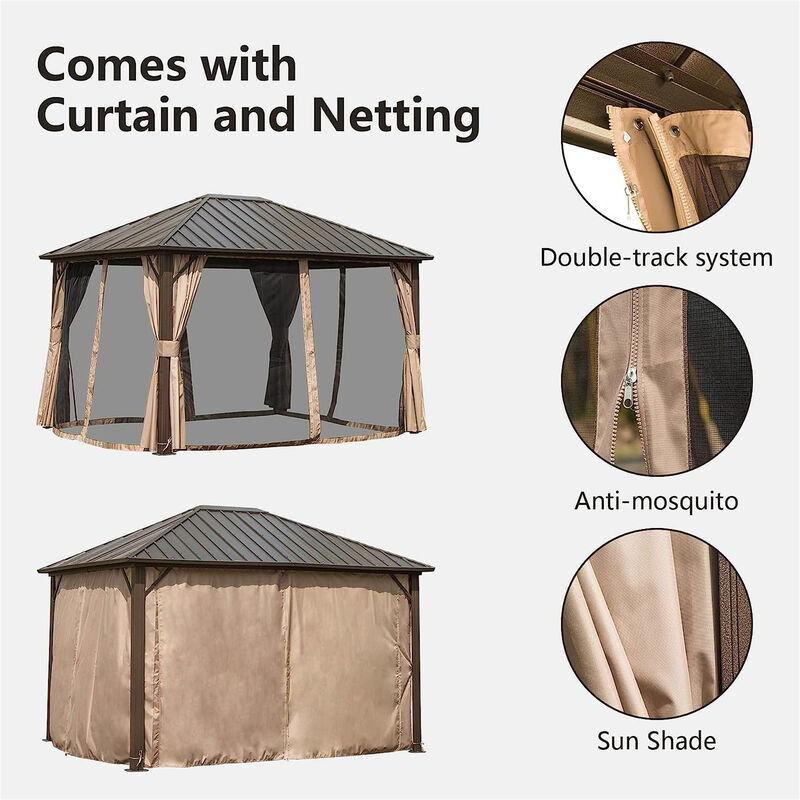 MONDAWE 10x12ft Permanent Outdoor Galvanized Steel Roof Gazebo with Aluminum Frame, Pavilion Metal Gazebos with Netting & Curtains for Garden, Patios, Lawns, Parties(Dark Brown)