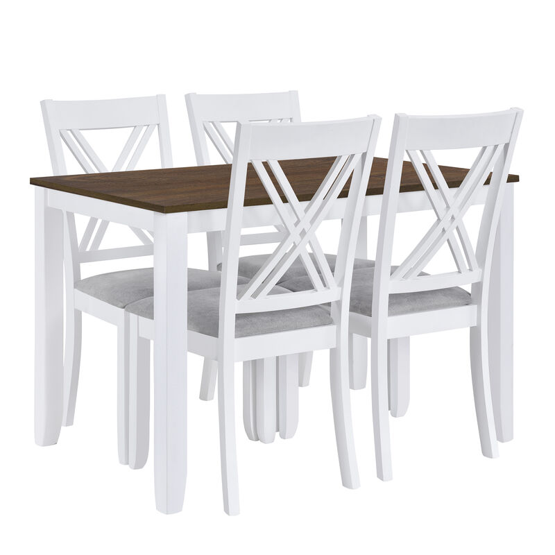 Whisen Rustic Minimalist Wood 5-Piece Dining Table Set with 4 X-Back Chairs - Gray