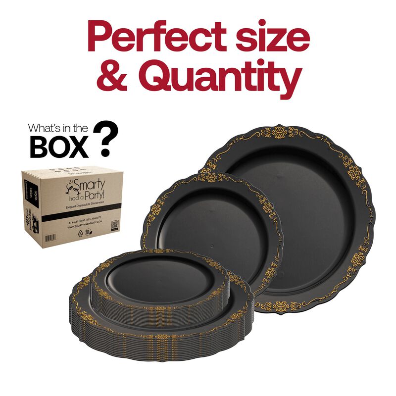 Black with Gold Vintage Rim Round Plastic Dinnerware Value Set (120 Sets) image number 4