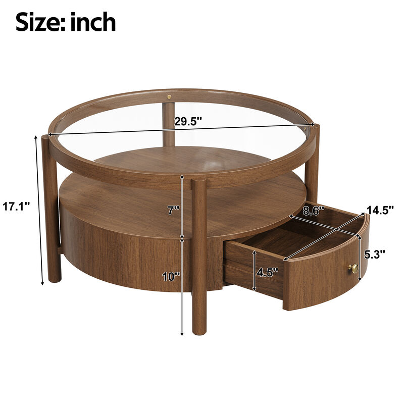 Whisen 29.5" Round Glass Top Coffee Table, Solid Wood 2-Tier Coffee Table with Drawer, Mid-Century Modern Center Table for Living Room image number 7