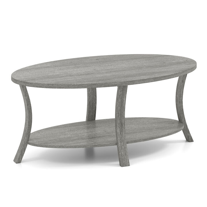 2-Tier Oval Coffee Table with Open Storage Shelf for Living Room-Grey