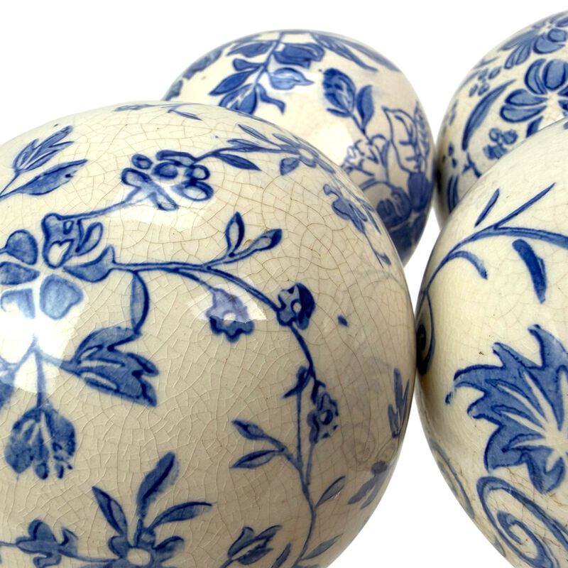 Decorative Orbs Set Of 4 Blue White Floral Crackle Ceramic 375 In image number 4