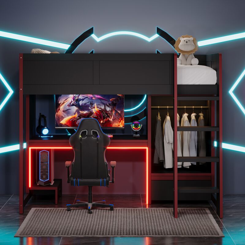 Merax Twin Size Black Wooden Gaming Loft Bed with Desk, Wardrobe, Drawer image number 3