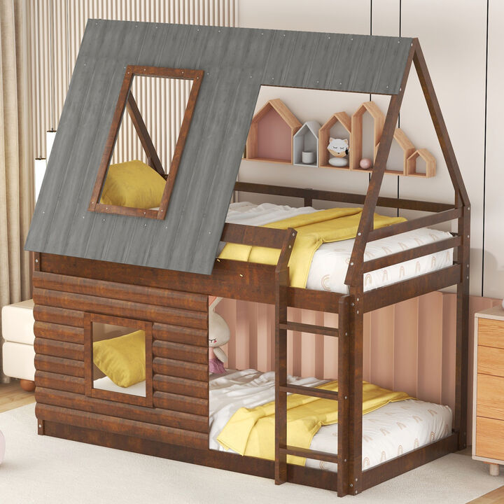 Wood Twin Size House Bunk Bed with Roof, Ladder and 2 Windows, Oak & Smoky Grey