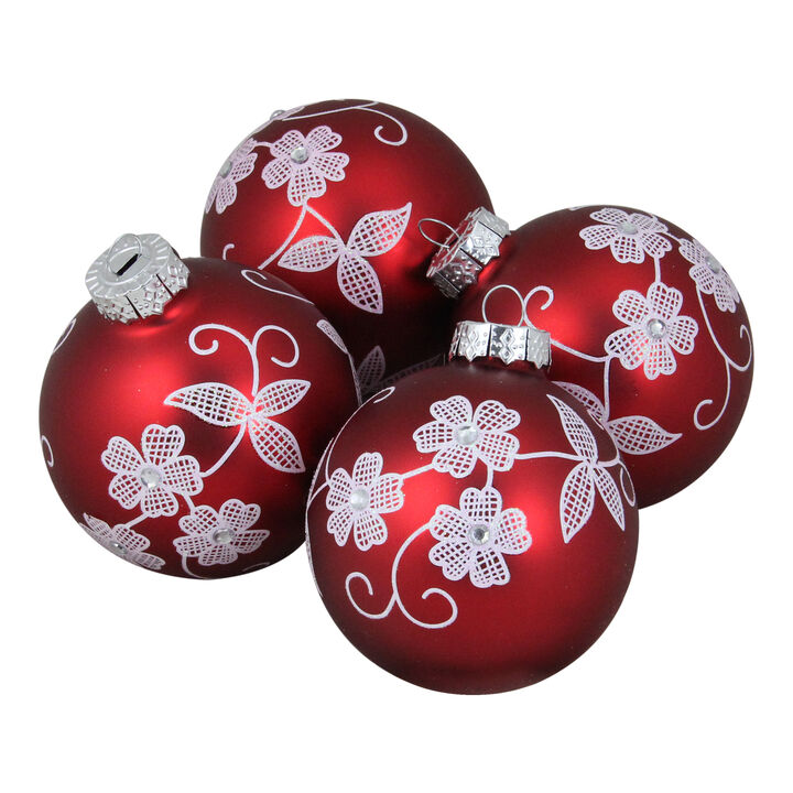 4ct Red and White Floral Christmas Ball Ornaments 3.25" (100mm)