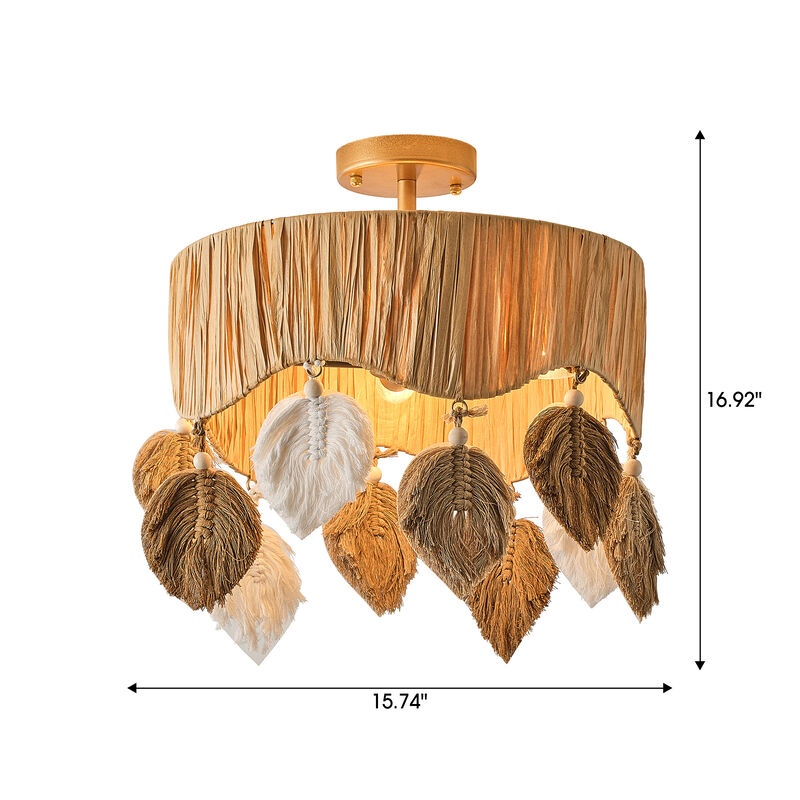 15.7" 4-Light Boho Antique Gold Handwoven Raffia Semi-Flush Mount Ceiling Light with Leaf-Shaped Cotton Cord Hanging Ornament for Bedroom, Living Room or Entryway image number 5