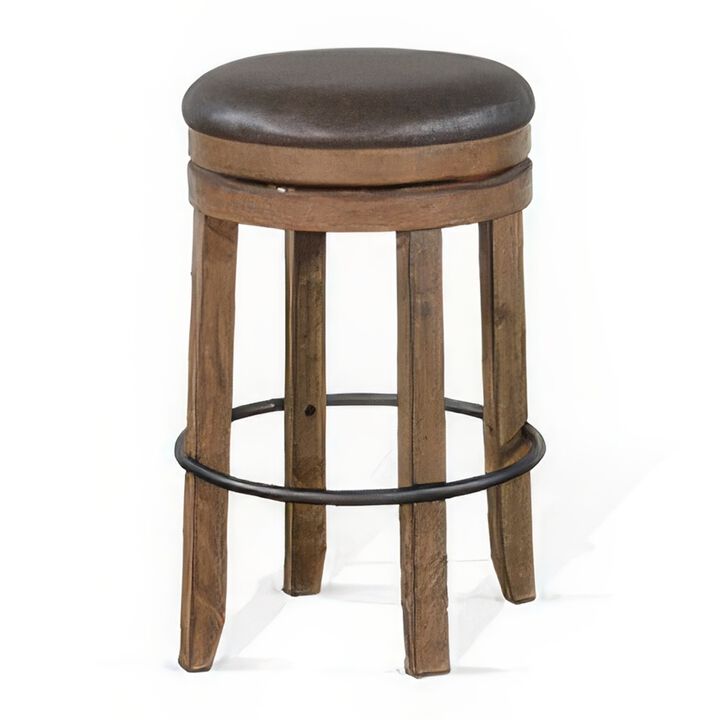 Yael Swivel Backless Barstool Set of 2, Gray Faux Leather, Brown Wood - Benzara