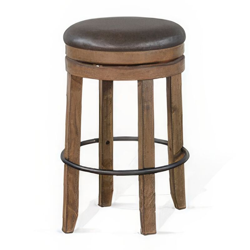 Yael Swivel Backless Barstool Set of 2, Gray Faux Leather, Brown Wood - Benzara