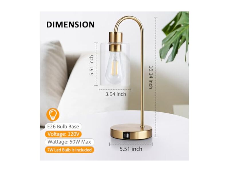 Dimmable LED USB C Glass Brass Nightstand Lamps Set Of 2 For Living Room Bedroom image number 1