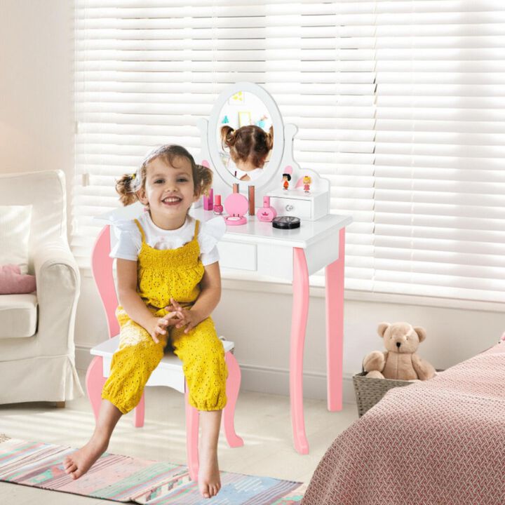 Hivvago Kids Vanity Princess Makeup Dressing Table Stool Set with Mirror and Drawer-White