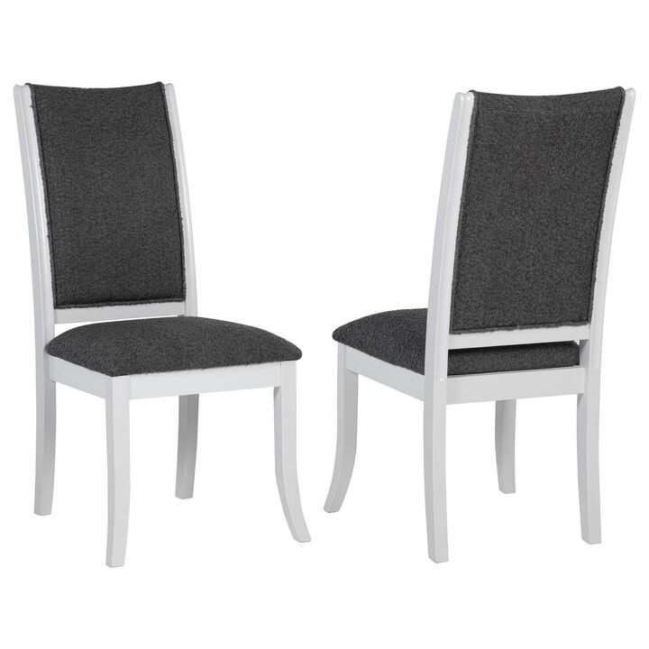 Judy Dining Side Chair Set of 2, Flared Legs, White Wood, Gray Fabric - Benzara