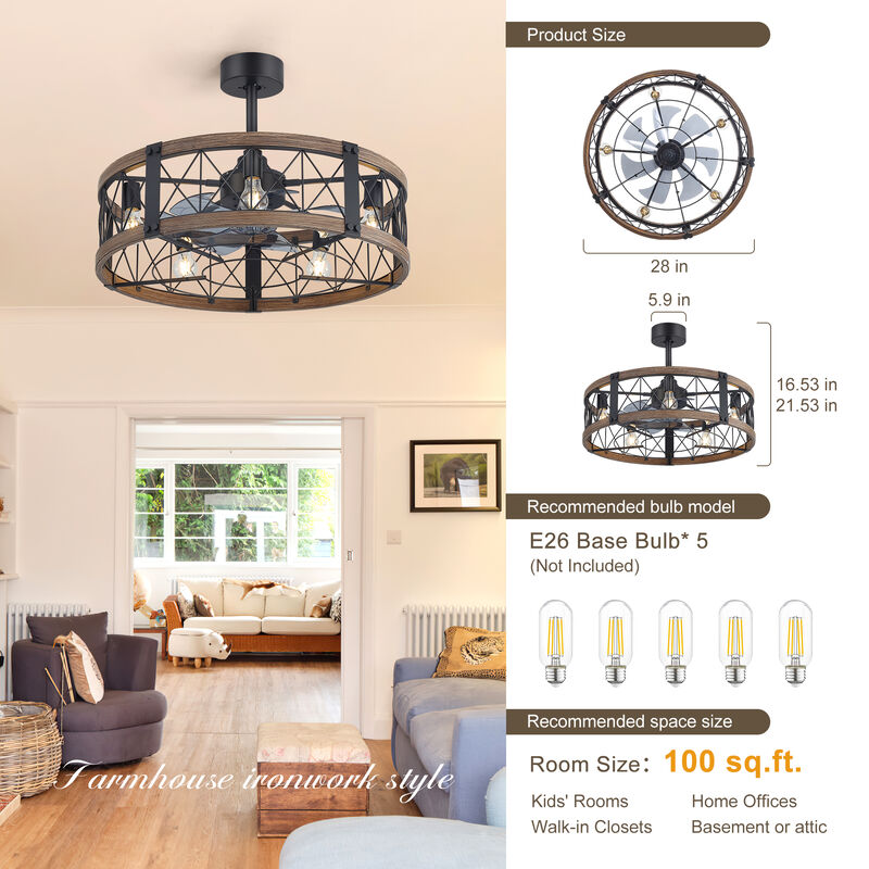 Breezary 28" Fandelier Ceiling Fan with Lights, 5 x E26 Base, Industrial Caged Fan, 6-Speed Remote image number 3