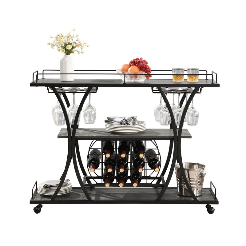 Industrial Bar Cart Kitchen Bar Serving Cart for Home with Wheels 3 -Tier Storage Shelves