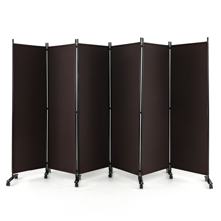 6 Panel Folding Room Divider Screen on Lockable Wheels for Home and Office Use-Walnut