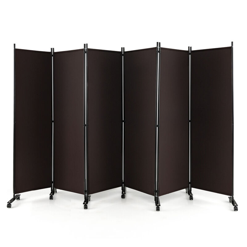 6 Panel Folding Room Divider Screen on Lockable Wheels for Home and Office Use-Walnut image number 0