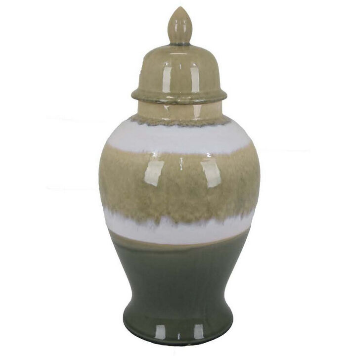 Pril 17 Inch Temple Jar with Clean Lines, Ceramic, Brown, Green Finish - Benzara