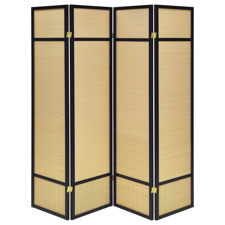 Arce 4 Panel Foldable Privacy Screen, Bamboo, Black Pine Wood Frame - Benzara