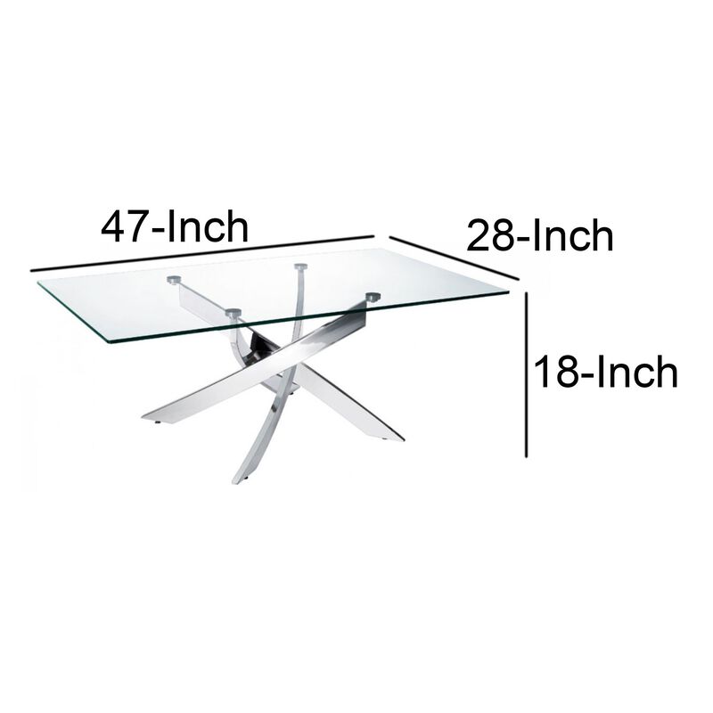 Rectangular Glass Top Coffee Table with Chromed Metal Base, Clear and Silver-Benzara