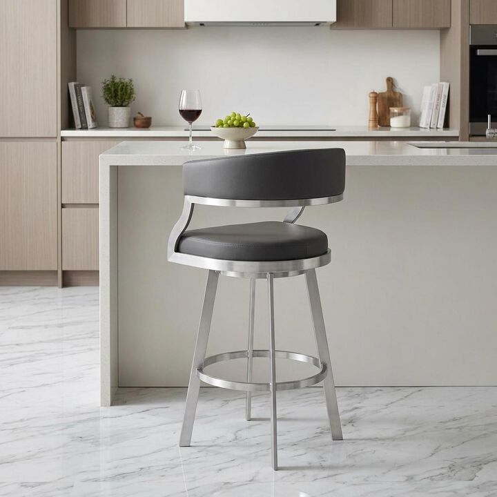HomeRoots 26" Gray And Silver Faux Leather And Faux Leather And Iron Low Back Counter Height Swivel Bar Chair
