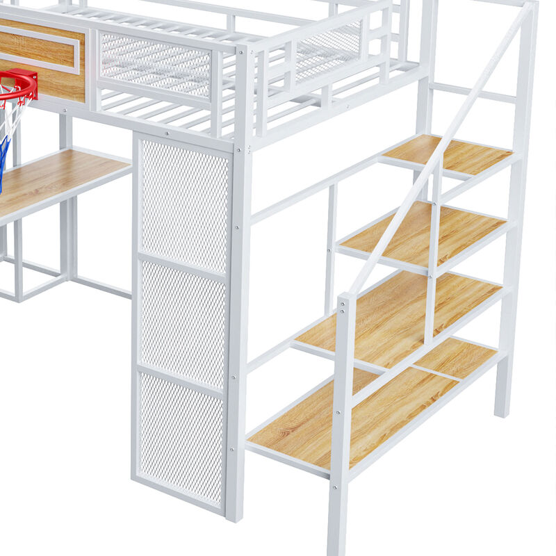 Merax  Metal Loft Bed with Desk and Open Wardrobe