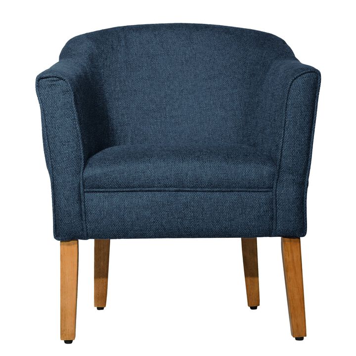 Fabric Upholstered Wooden Accent Chair with Curved Back, Blue and Brown - Benzara