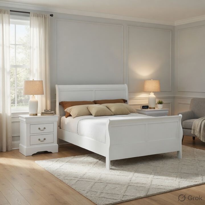 Full Size Bedroom Set, White Finish, 3-Piece Set with Bed and 2 Nightstands