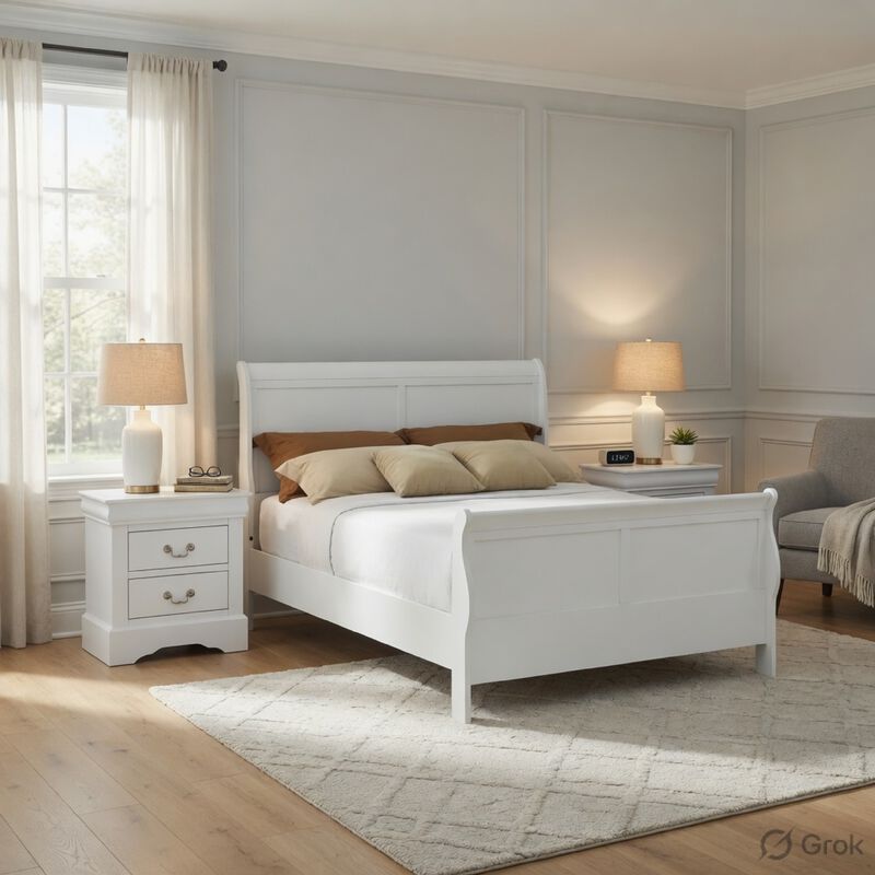 Full Size Bedroom Set, White Finish, 3-Piece Set with Bed and 2 Nightstands image number 1