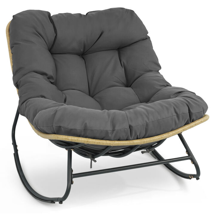 Patio Papasan Rocking Chair with Grey Thick Cushion for Outdoor Comfort