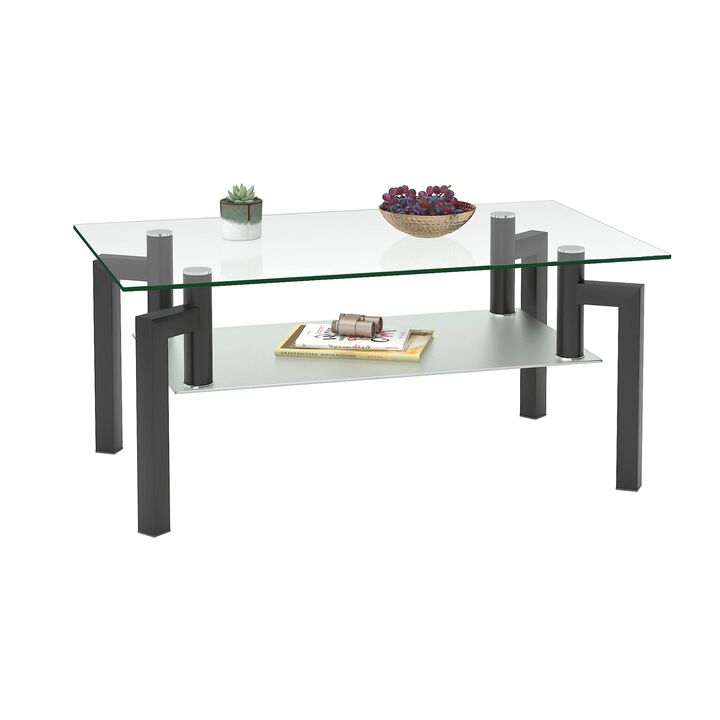 IANIYA Glass Coffee Table Black Rectangle Tempered Metal Tube Legs for Livingroom