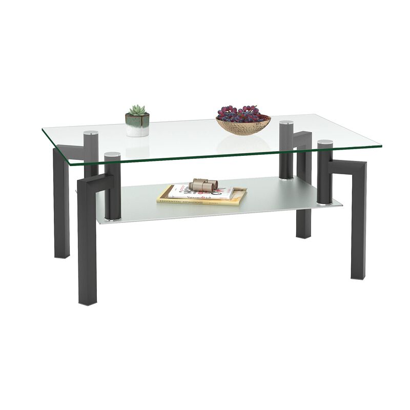 IANIYA Glass Coffee Table Black Rectangle Tempered Metal Tube Legs for Livingroom