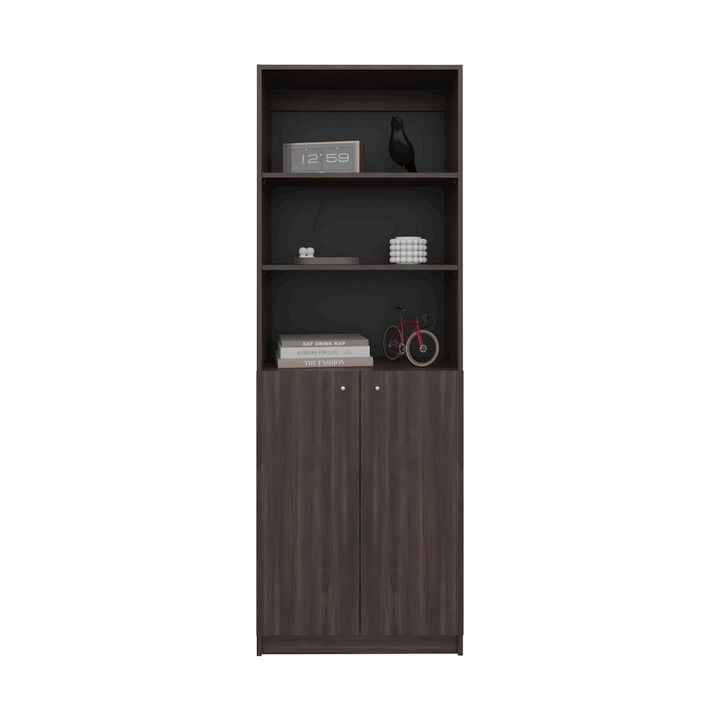 Vinton 2-Door Bookcase with Upper Shelves, Dark Walnut / Black Wengue