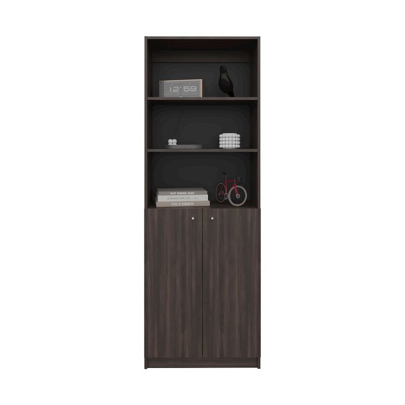 Vinton 2-Door Bookcase with Upper Shelves, Dark Walnut / Black Wengue