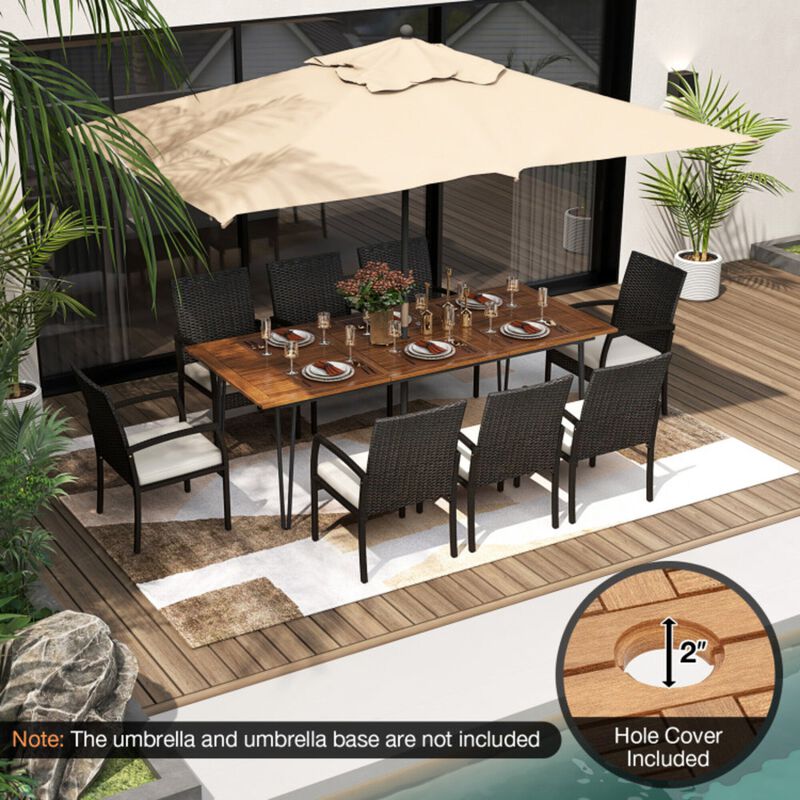 Mondawe 9-Piece Outdoor Patio Set, Acacia Table Built In Umbrella Hole & 8 PE Rattan Armchairs