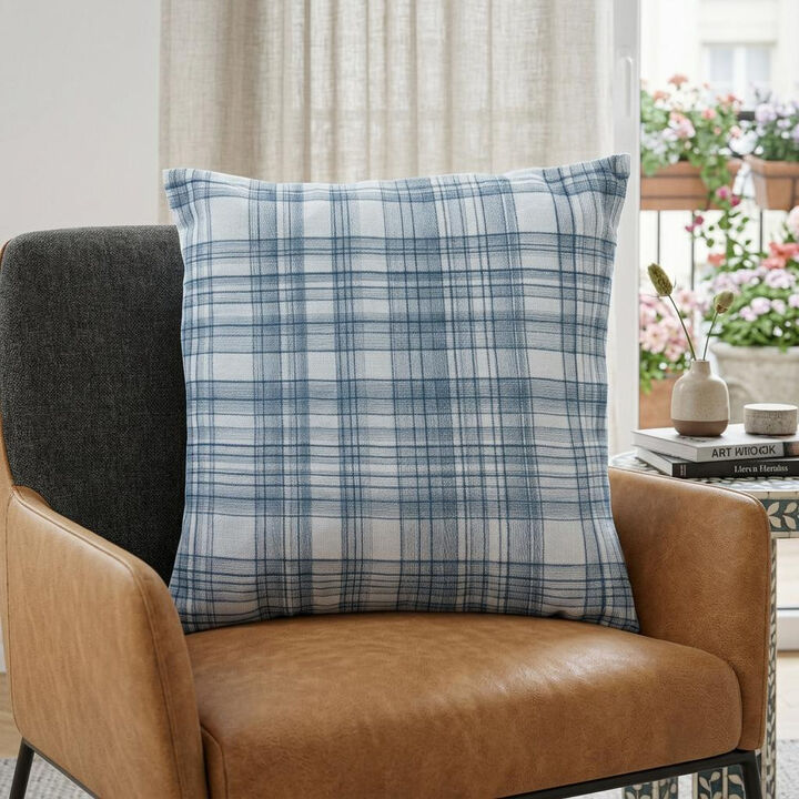 HomeRoots 24" Blue Check Cotton Blend Throw Pillow With Embroidery