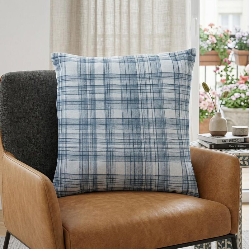 HomeRoots 24" Blue Check Cotton Blend Throw Pillow With Embroidery image number 1