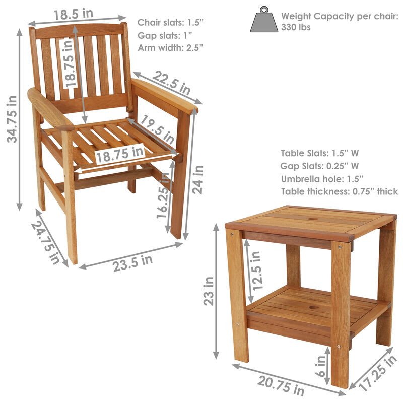 Sunnydaze Meranti Wood 3-Piece Patio Conversation Set with 2 Chairs