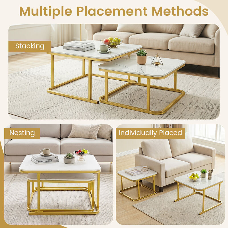 Modern Nesting Coffee Table Set with Faux Marble Surface and Metal Frame image number 5