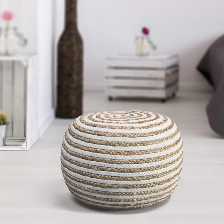Hivvago 20 Inch White Cotton Blend Round Striped Pouf Ottoman