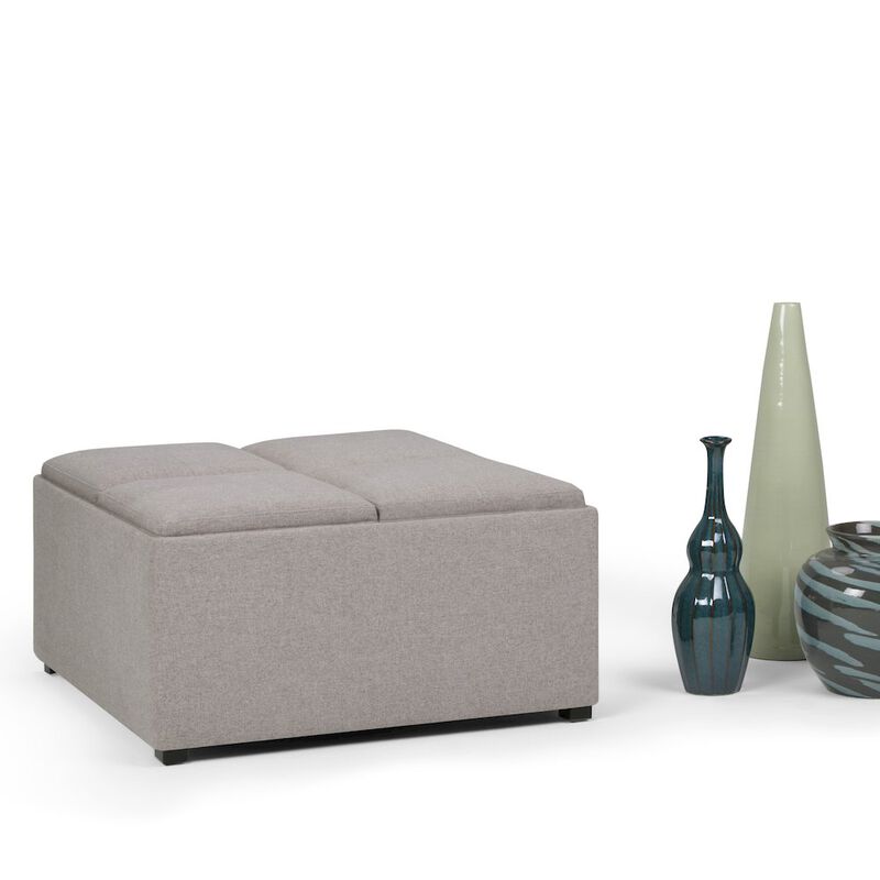Simpli Home Avalon Square Coffee Table Storage Ottoman In Cloud Grey Linen Look Fabric